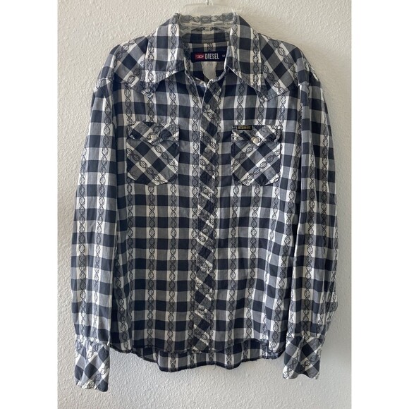Vintage Diesel Button Down Shirt Western Snap Black Plaid Long Sleeve Medium - Picture 1 of 10